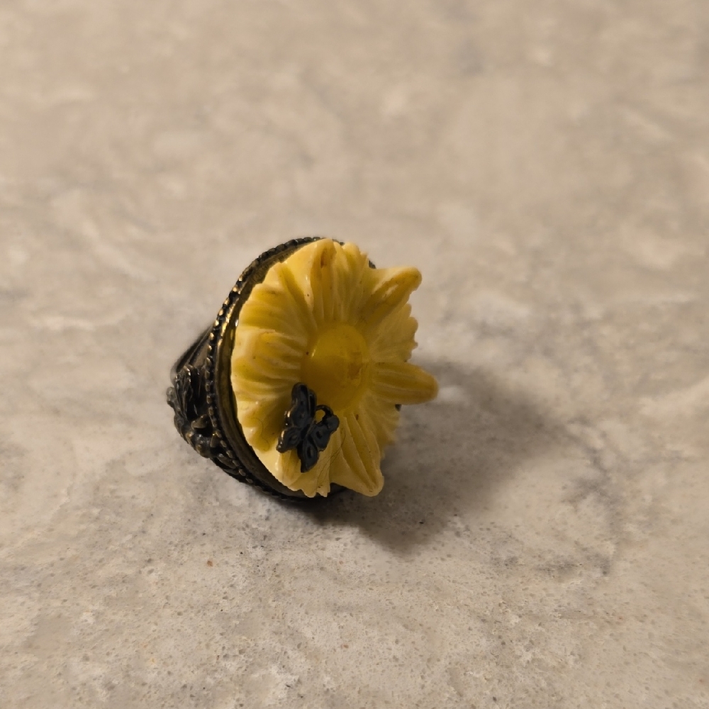Yellow SunFlower Ring with Butterfly Accent